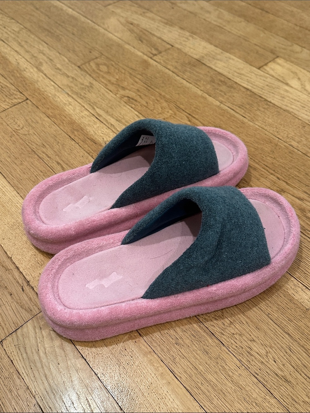 Skylrk Plush Slide Sandals in Pink and Dark Teal - Women